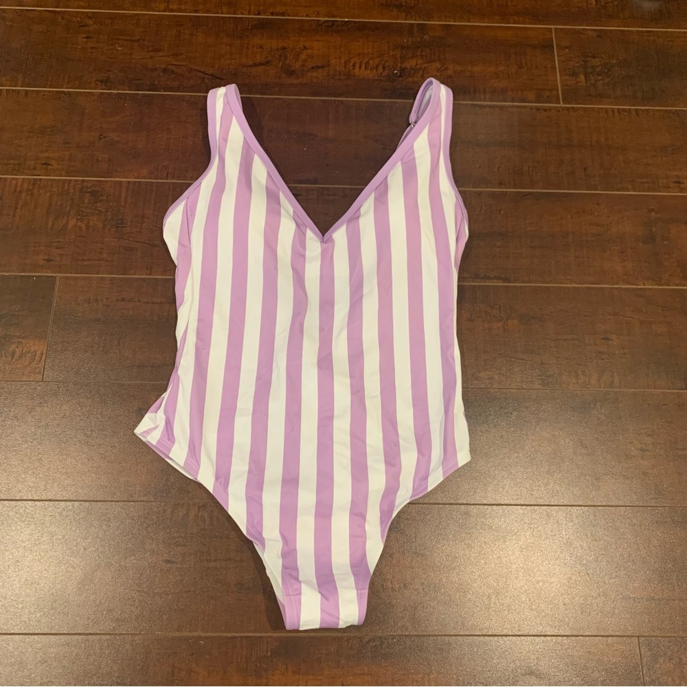 NWOT Kona Sol Purple White Stripe One Piece Bathing Suit Medium Women’s Swimwear